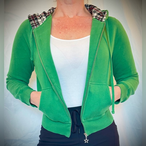 California Reflex Tops - California Reflex Green Star Zip Hoodie with Black White Red Plaid Hood Lining